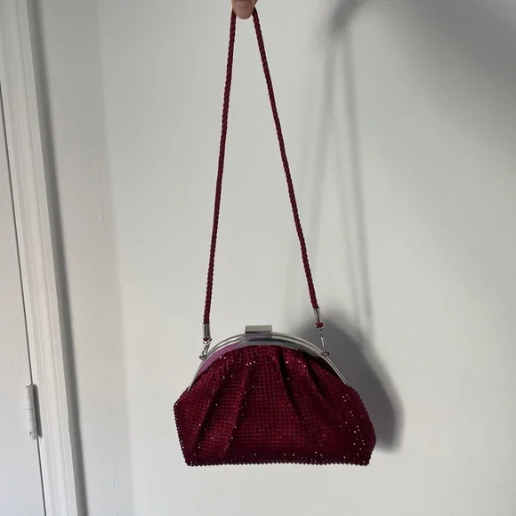 Burgundy rhinestone vintage clutch bag with silver hardware - Picture 3 of 5
